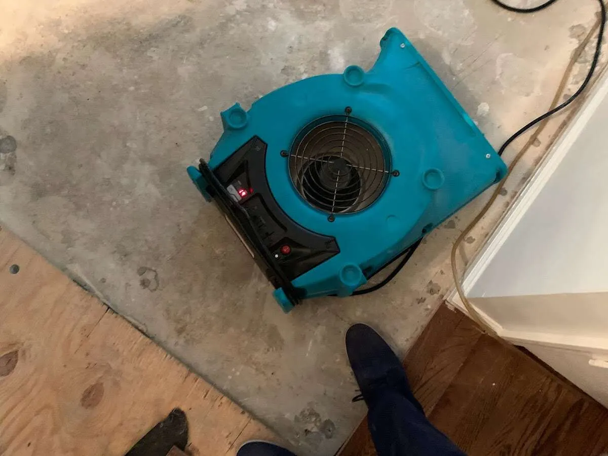 Air mover drying subfloor during Leak Detection & Repair in Malden